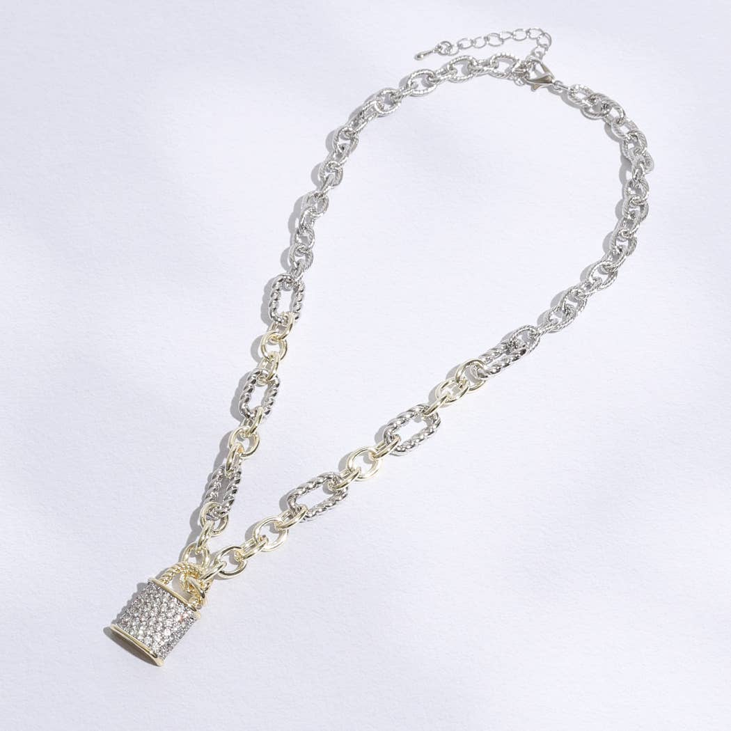 Linked Solid and Twisted Chain Lock Necklace