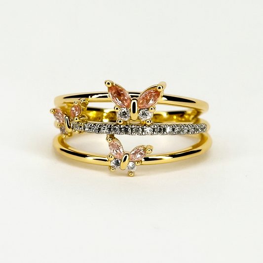Triple Butterfly Ring – Adjustable Pink Crystal Pavé Band