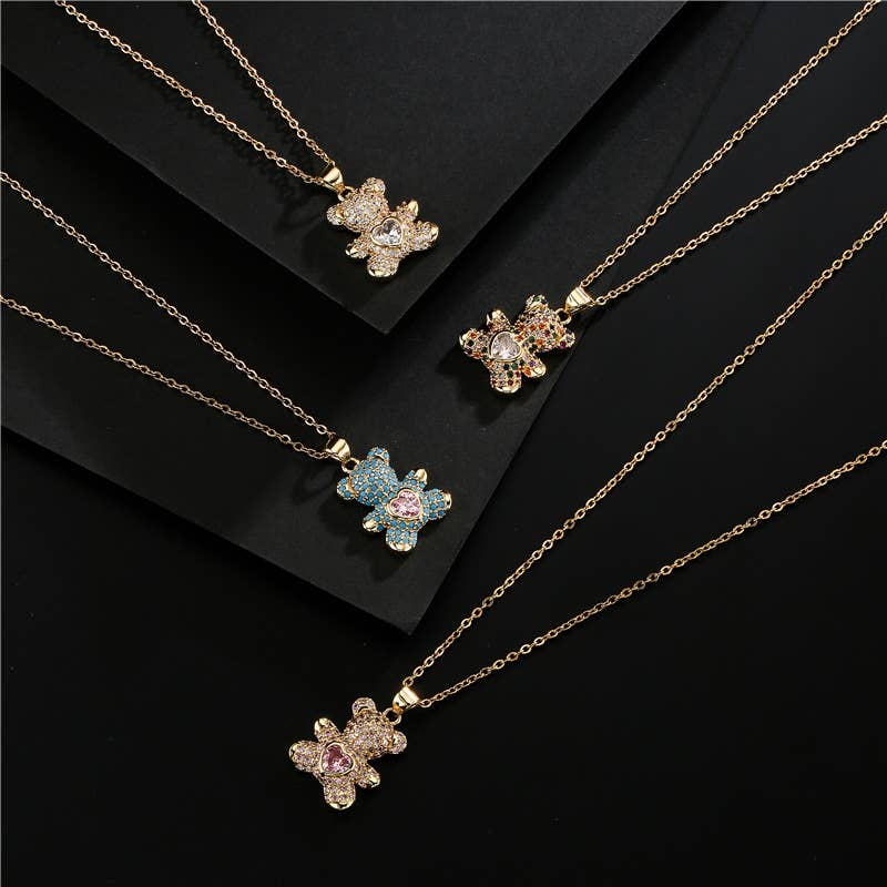 Dainty Crystal Teddy Bear Pendant Necklace in Solid Copper