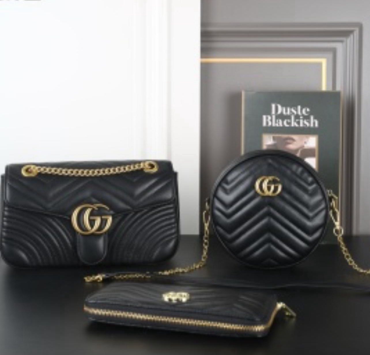 Black Quilted 3-Piece Purse Set