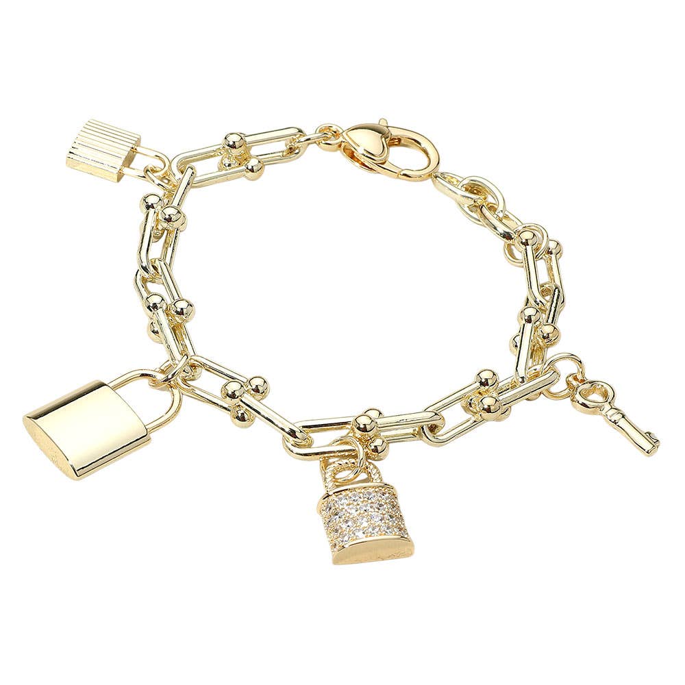 14K Gold Plated Stone Paved Lock Key Charm Station Industrial Chain Link Bracelet