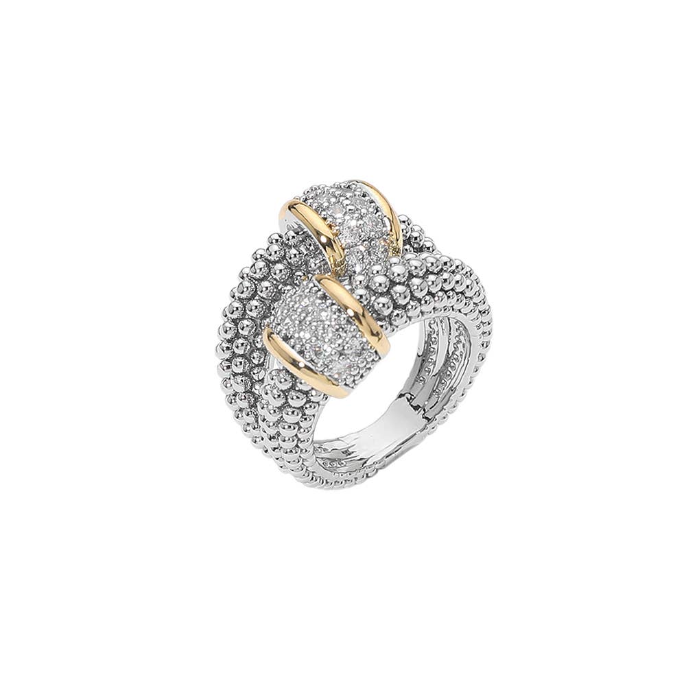14K Gold Plated Two Tone Pave Wide Band Statement Ring