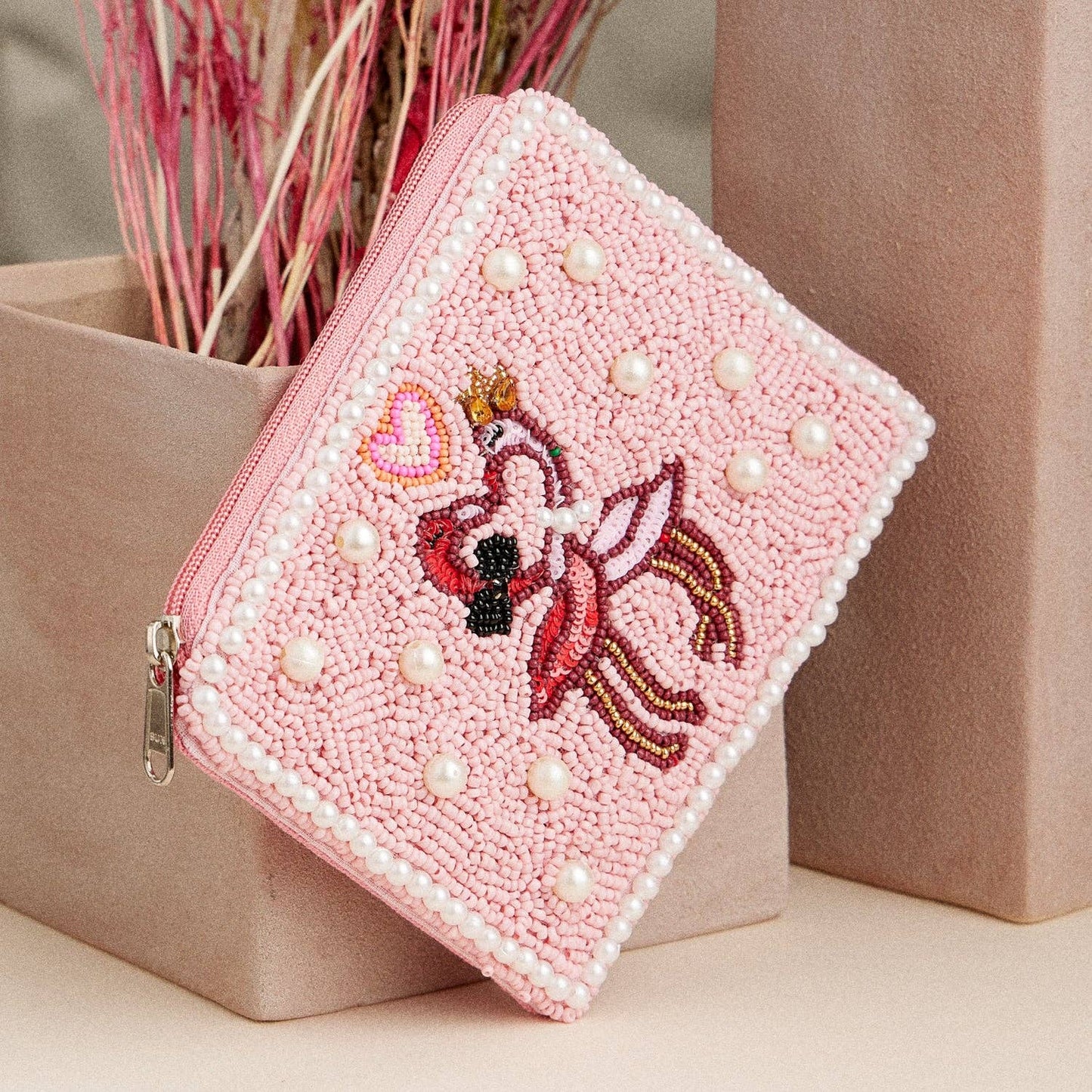 Beaded Pink Flamingo Zip Pouch – Glam Pearl-Embellished Clutch
