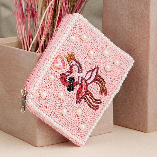Beaded Pink Flamingo Zip Pouch – Glam Pearl-Embellished Clutch