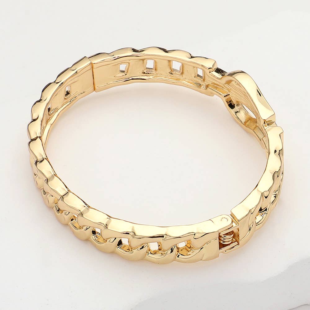 Stone Paved Belt Buckle Accented Cuban Chain Bangle Bracelet