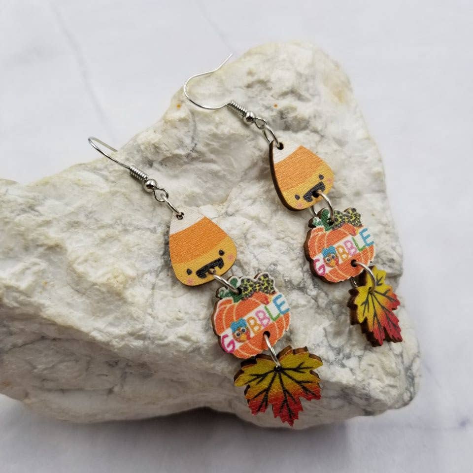GOBBLE Pumpkin & Maple Leaves Wood Earrings