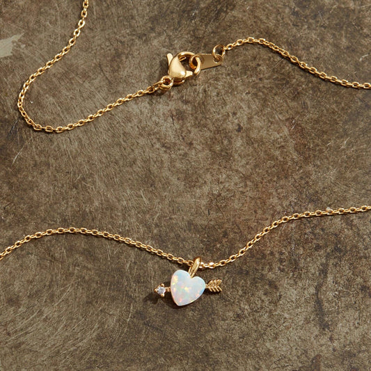 Gold Opal Heart Arrow Pendant Necklace