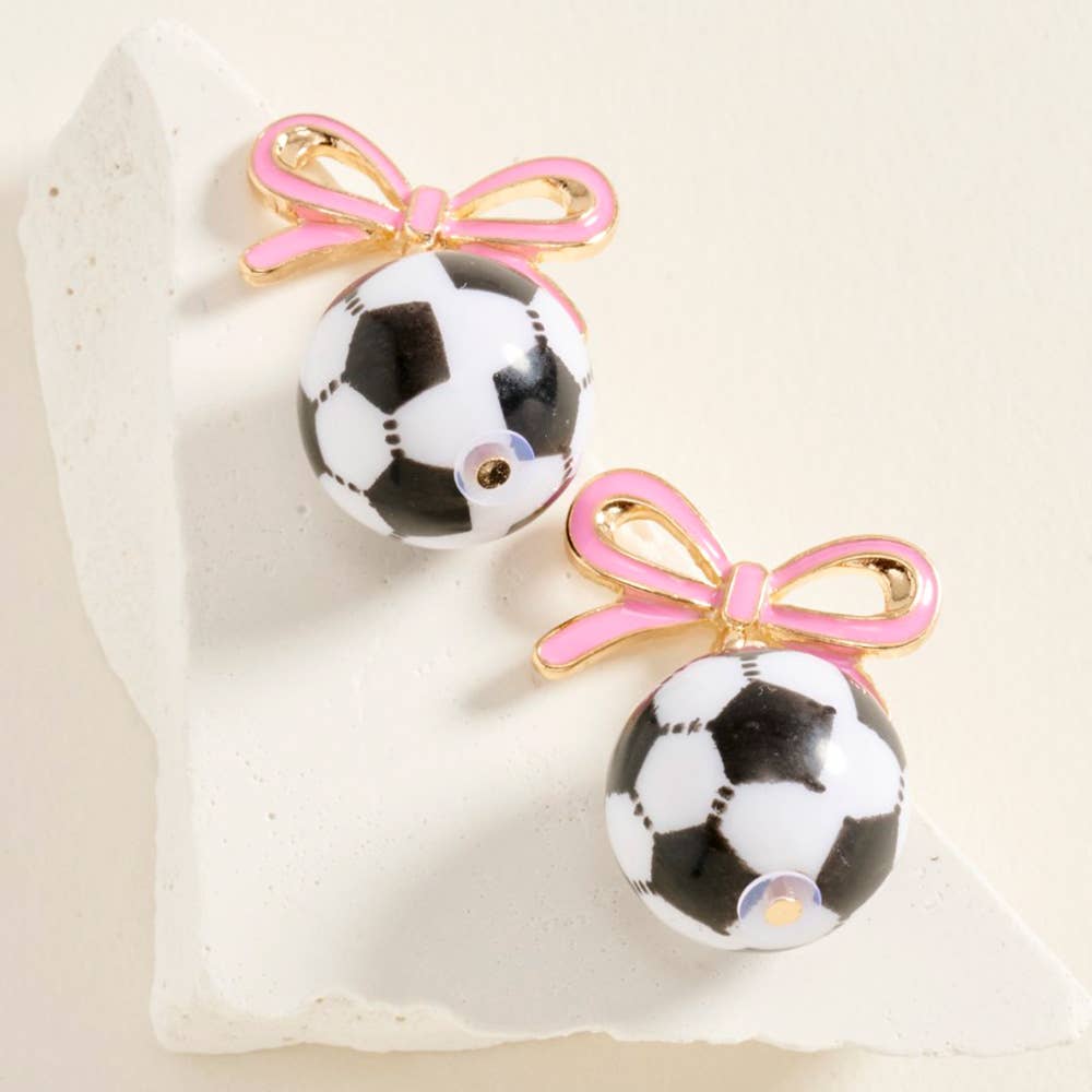 Bow Accent Soccer Ball Drop Dangle Earrings