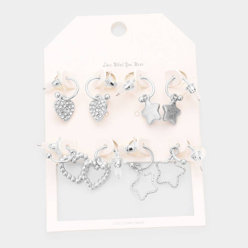 4Pairs - Rhinestone Embellished Heart Star Dangle Earrings