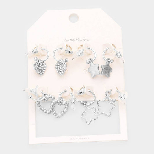 4Pairs - Rhinestone Embellished Heart Star Dangle Earrings