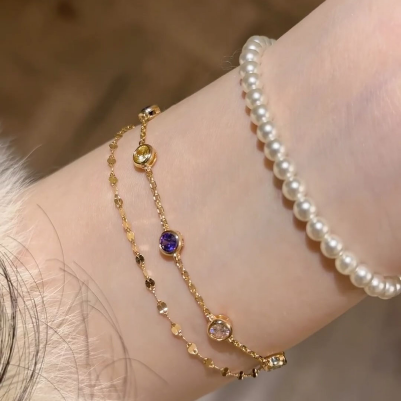 Rainbow Color Stone Double Chain Bracelet in Solid Copper