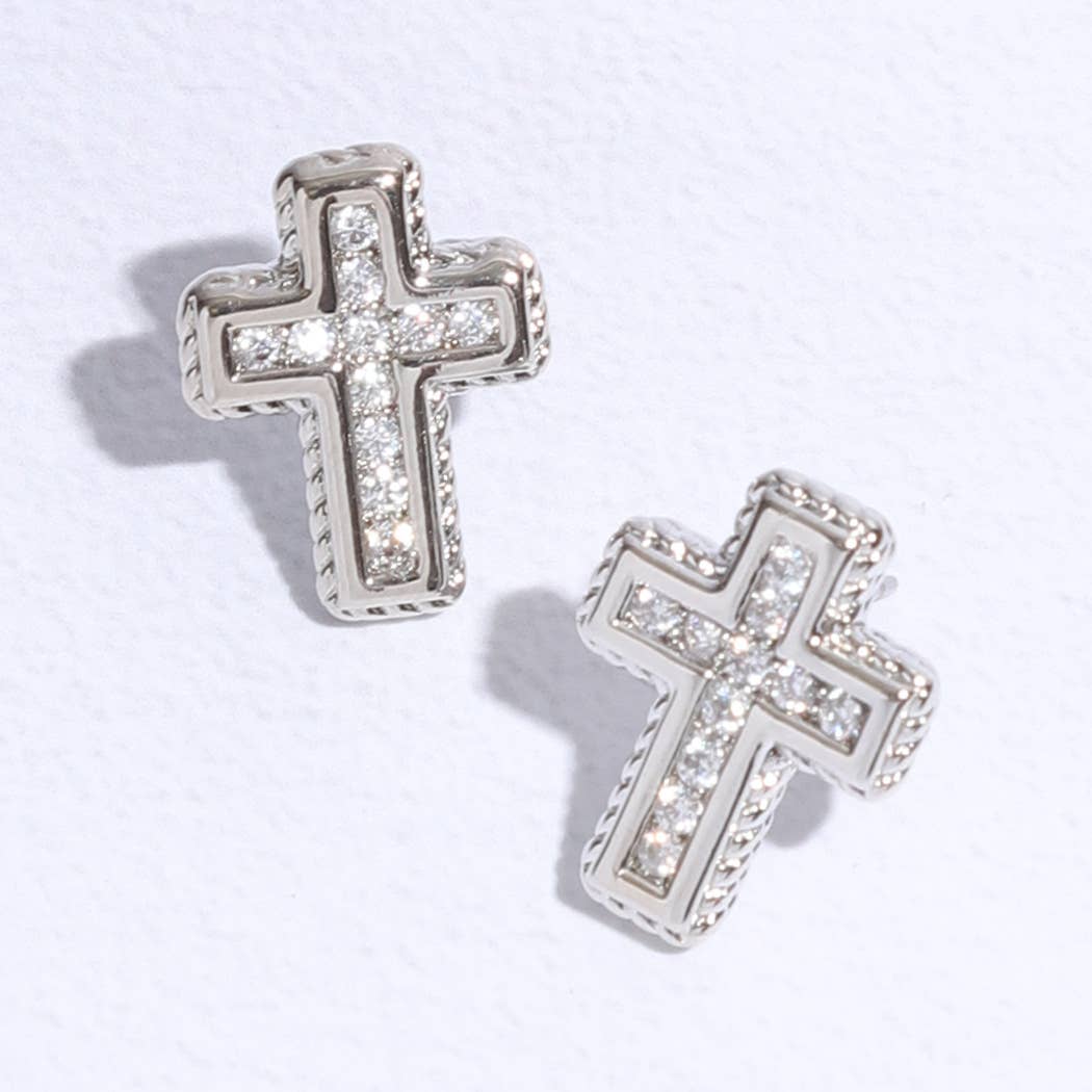 Cross Shape Pave Stone Stud Post Earring