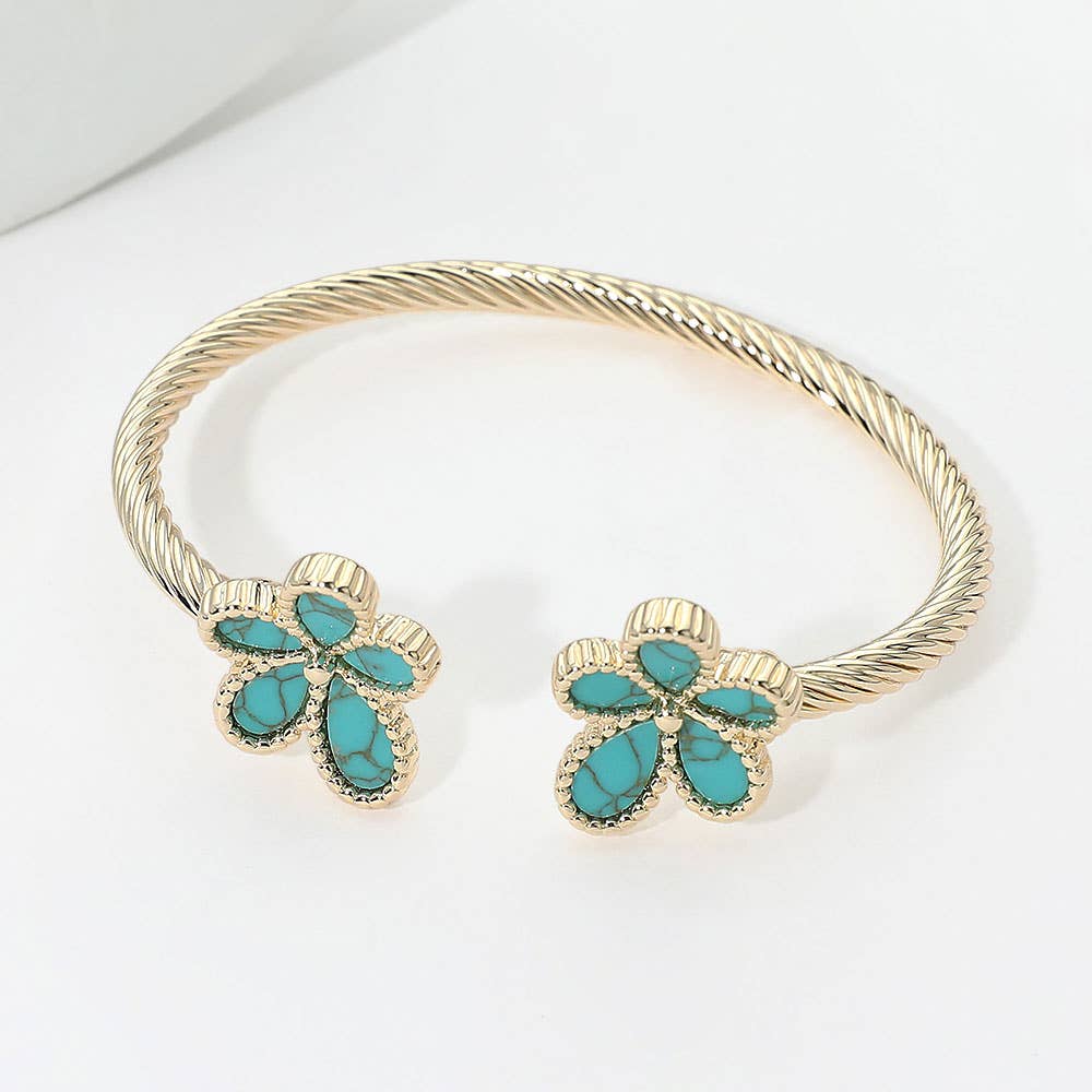 14K Gold Plated Turquoise Floral Tip Twisted Cuff Bracelet
