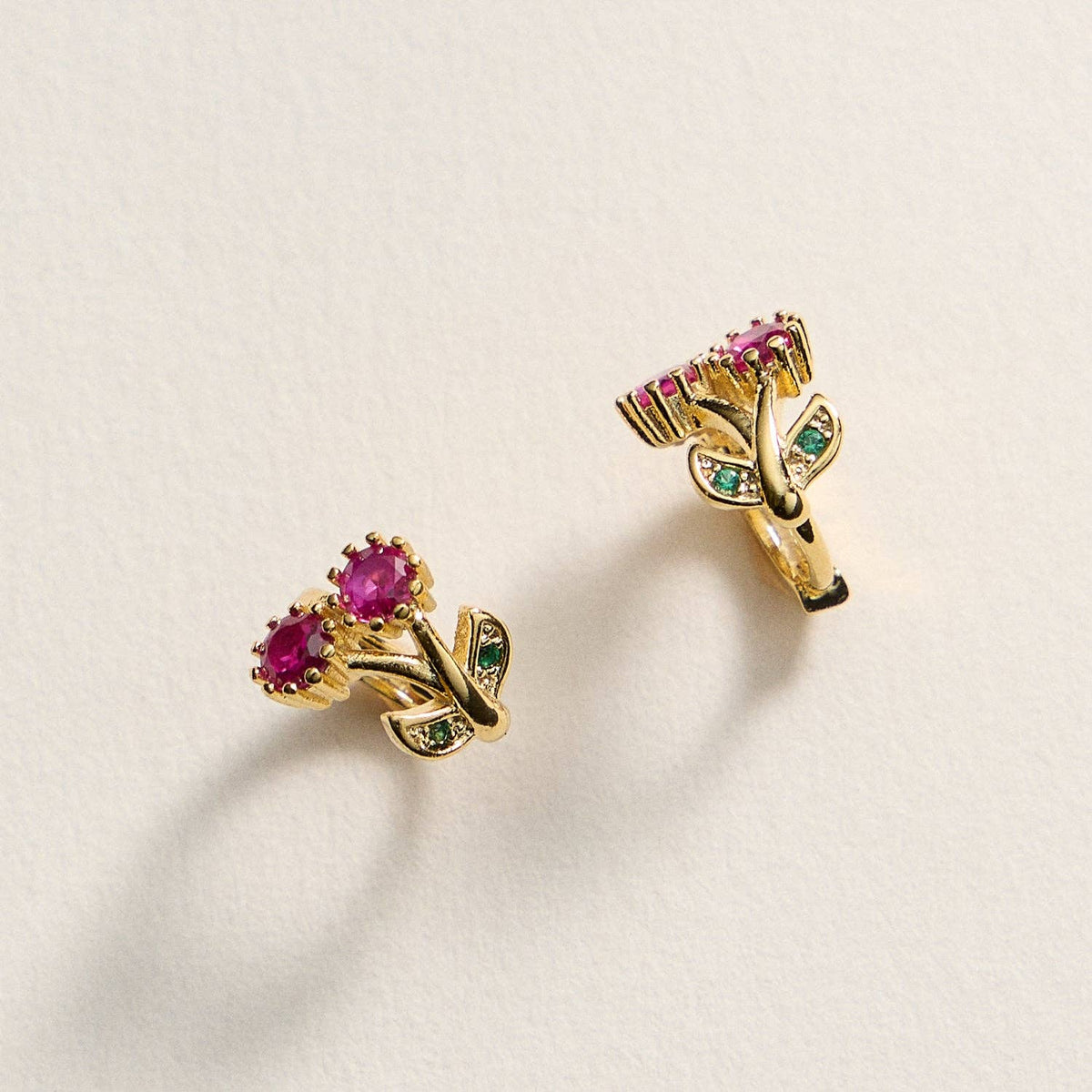 Gold-Dipped Ruby & Emerald Flower Stud Earrings