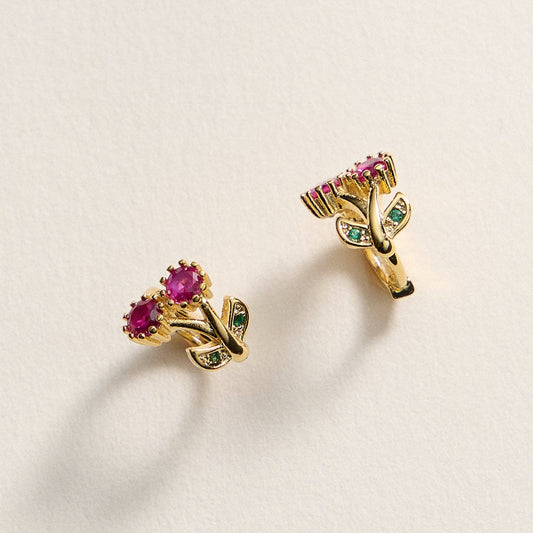 Gold-Dipped Ruby & Emerald Flower Stud Earrings