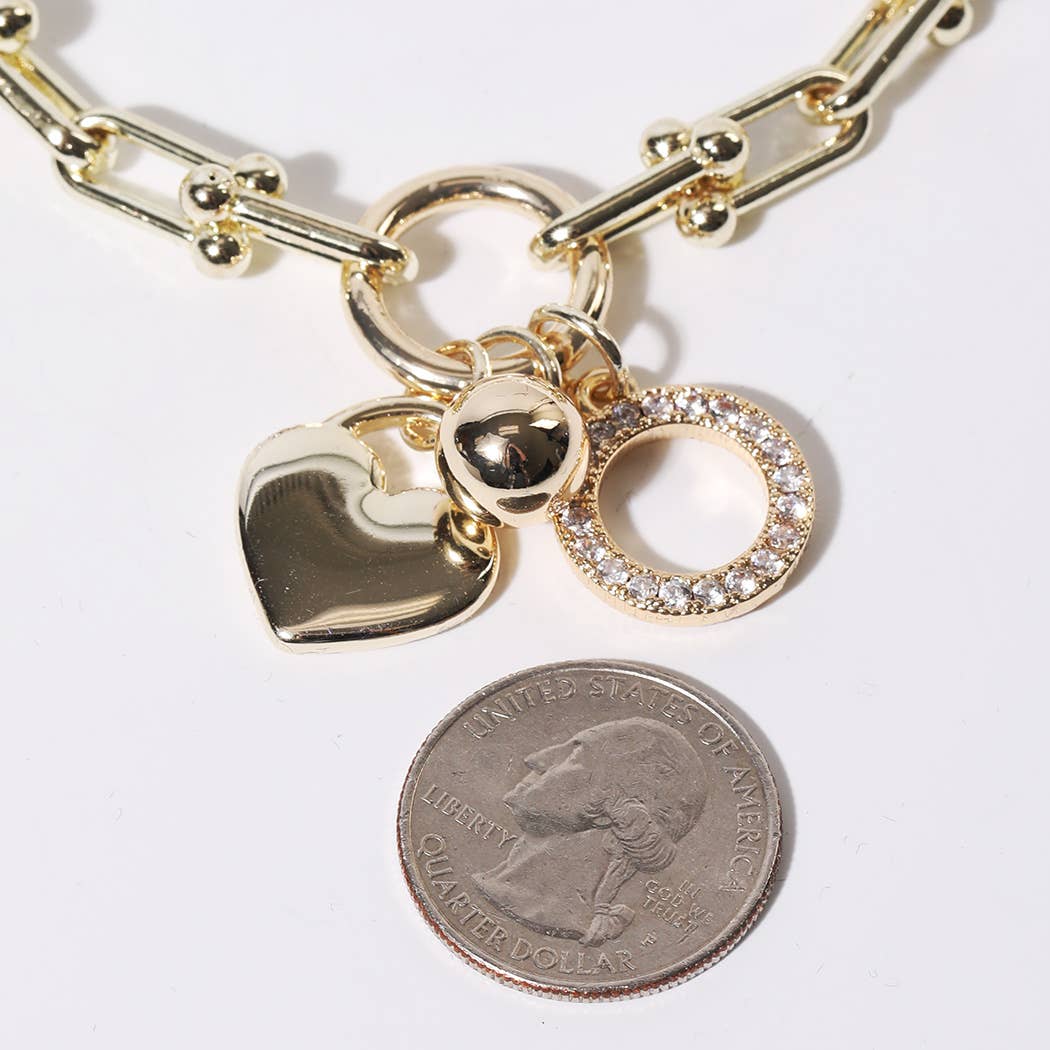 Gold Charm Bracelet with Heart Crystal Accents