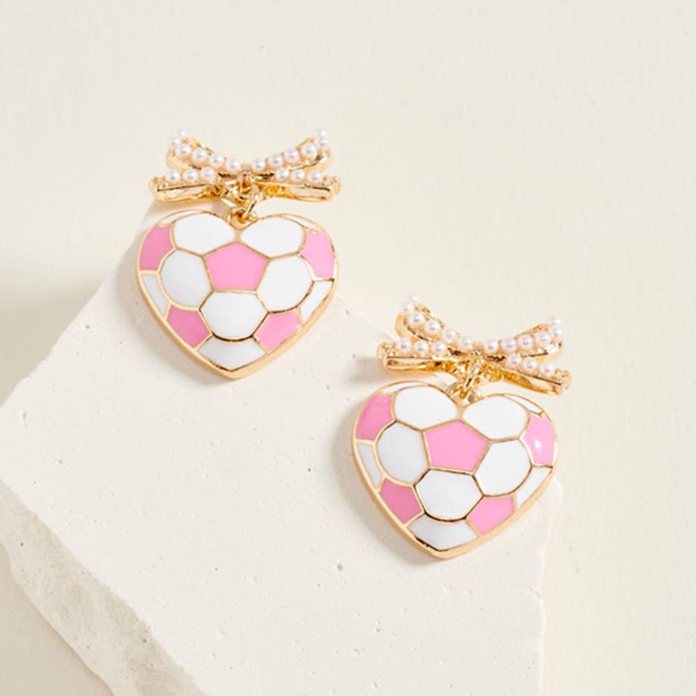 Pearl Bow Heart Shaped Soccer Ball Drop Dangle Earrings