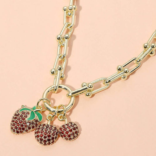 14K Gold Plated Stone Paved Strawberry Cherry Charm Pendant Hardware Chunky Chain Necklace