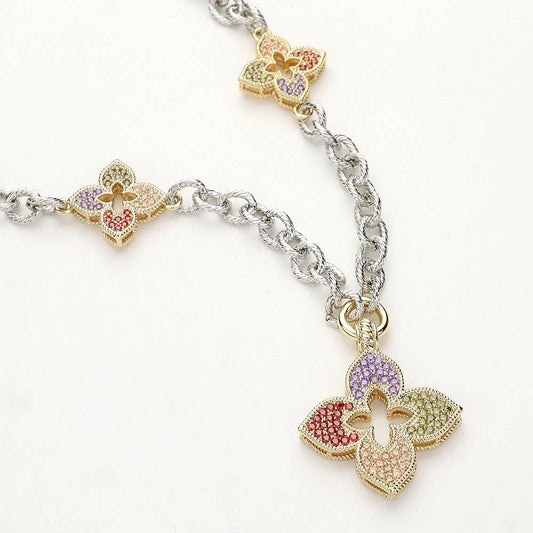 14K Gold Plated Paved Clover Pendant Station Necklace