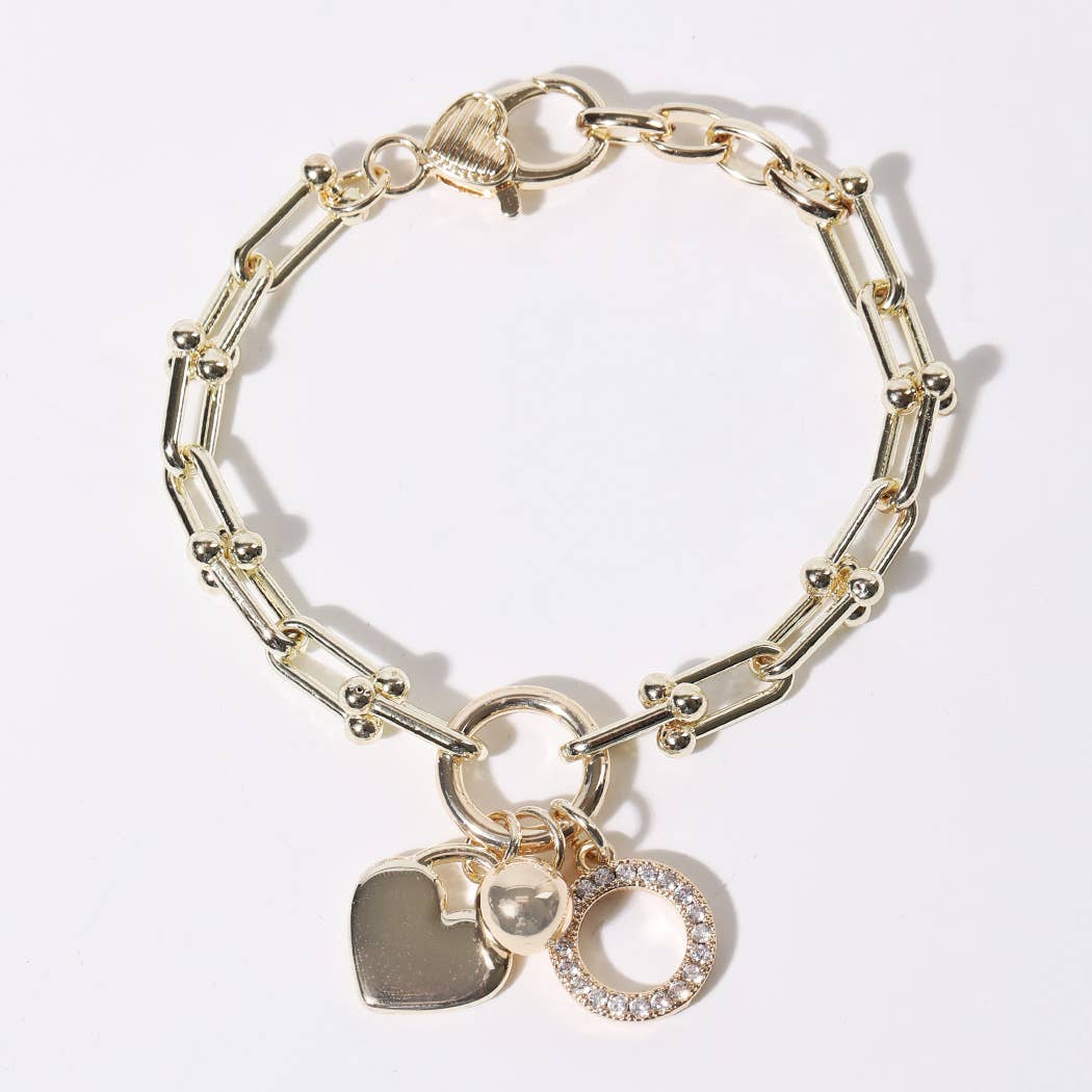 Gold Charm Bracelet with Heart Crystal Accents