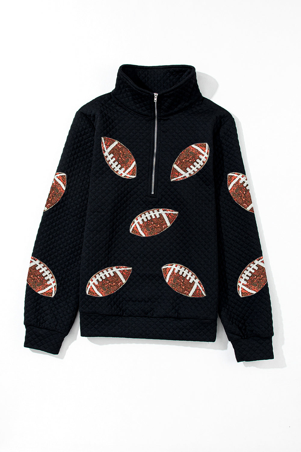 Black Sequin Football Patched Quarter Zip Textured Sweatshirt