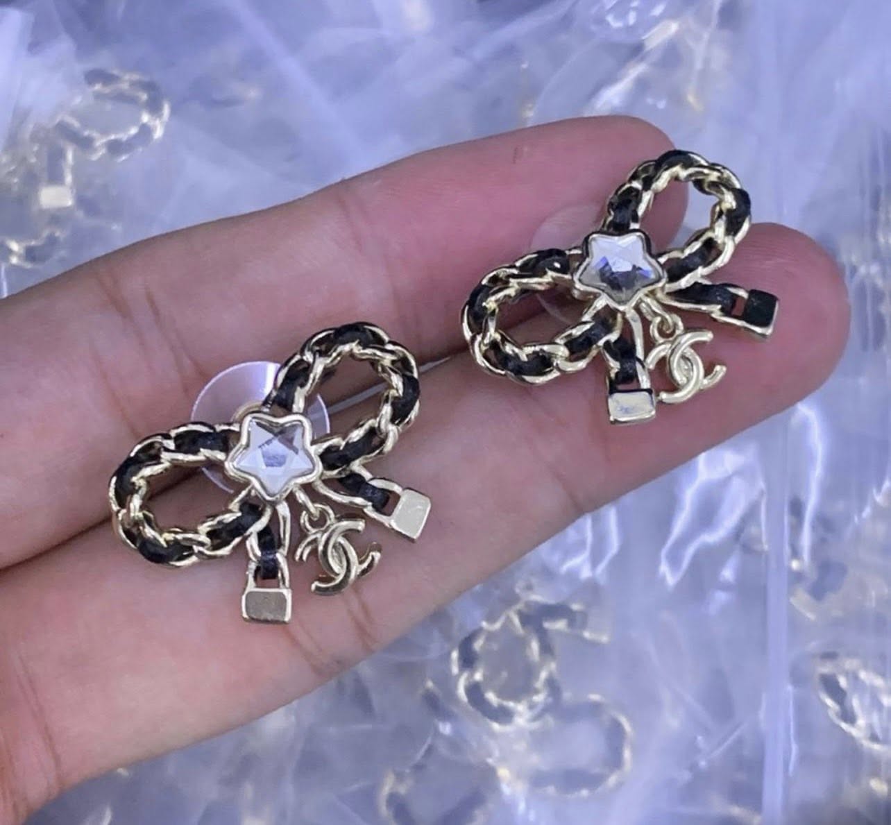Chain Detail Black Bow Earrings