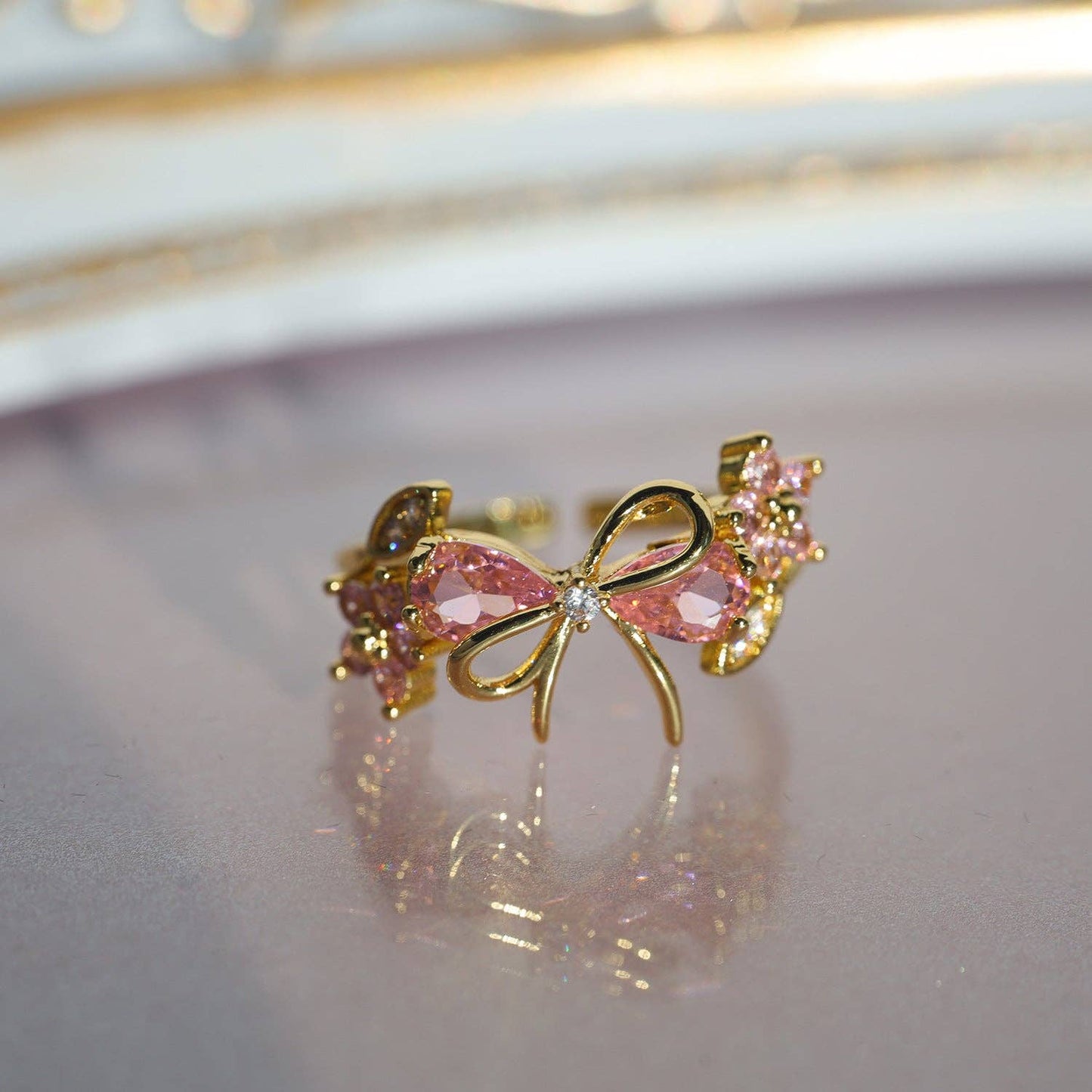 Pink Bow Knot Flower Leaf Adjustable Ring in Solid Copper