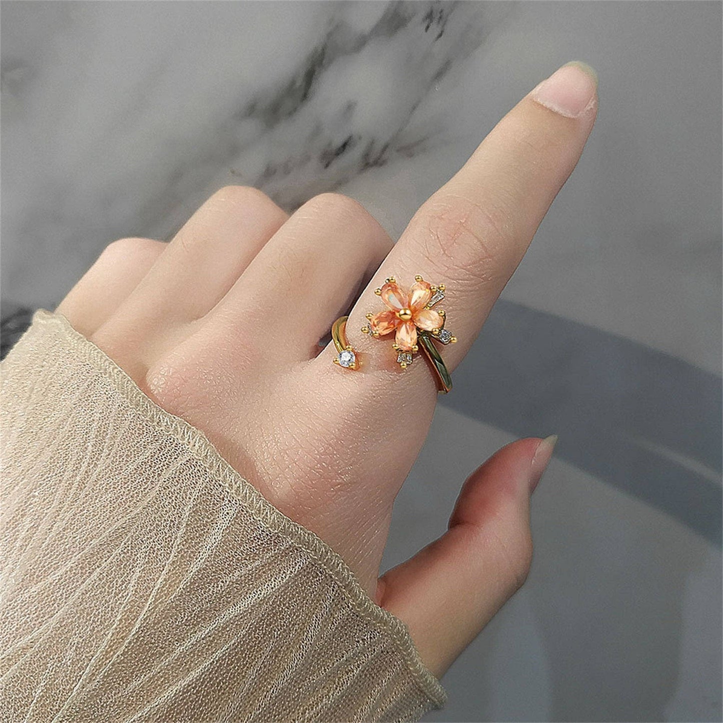 Orange Flower Anxiety Fidget Spinner Ring in Solid Copper