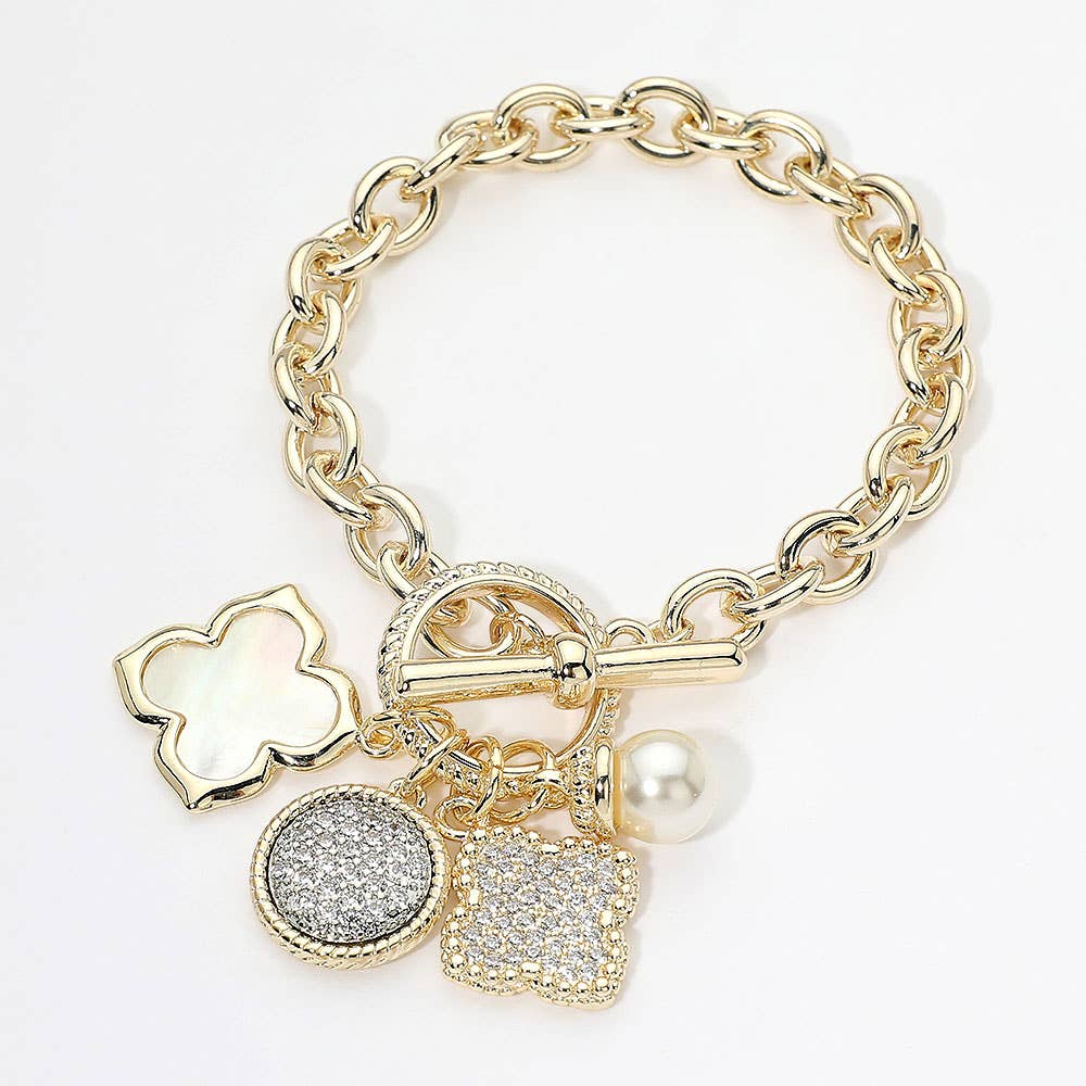 14K Gold Plated Pave Quatrefoil Pearl Floral Charm Toggle Bracelet