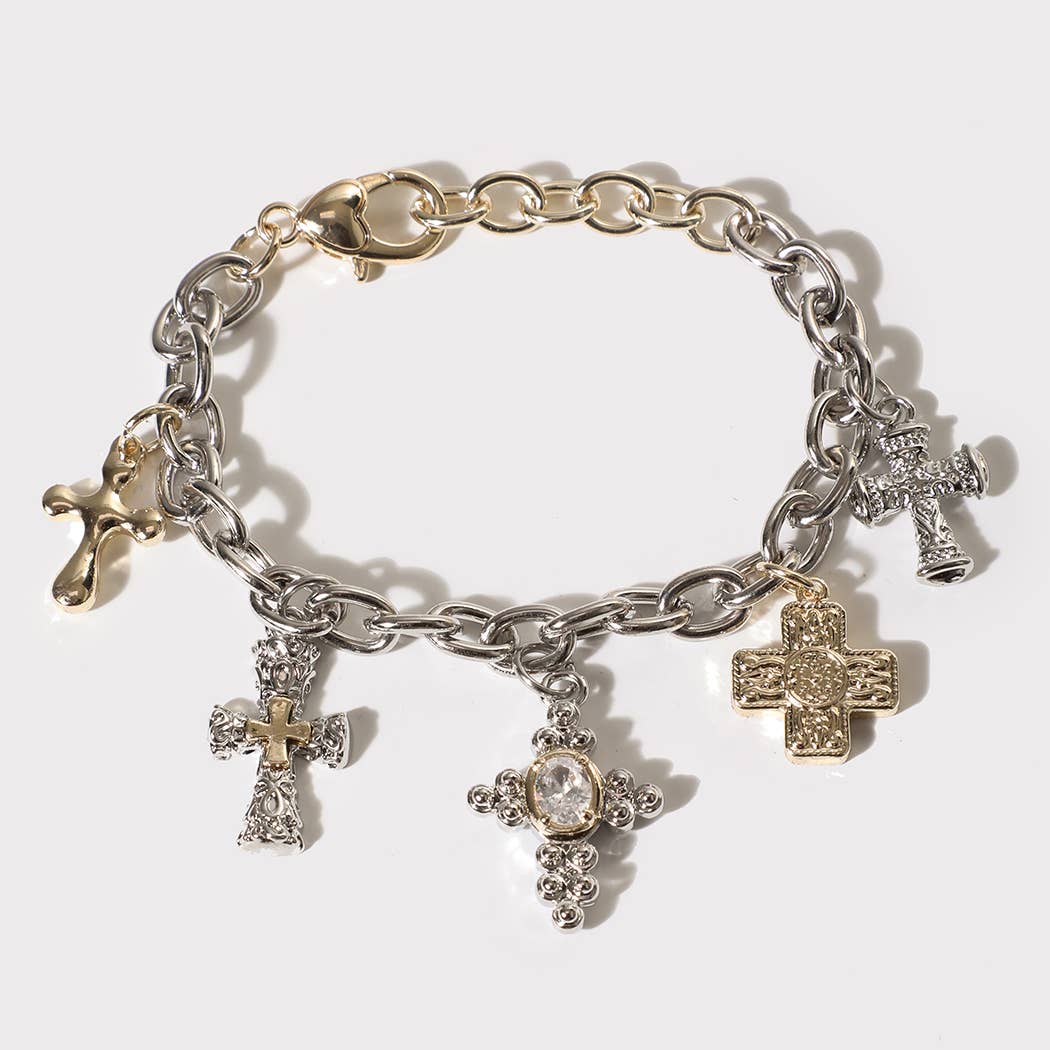 Two Tone 5 Cross Charm Link Bracelet
