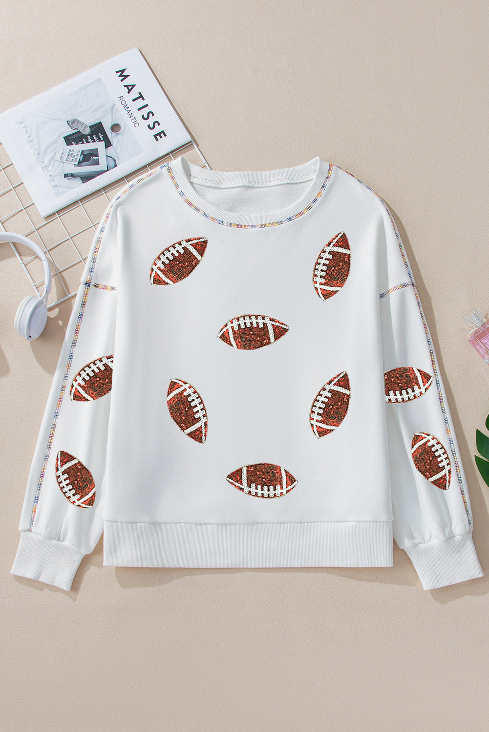 White Sequin Football Pattern Exposed Seam Game Day Sweatshirt