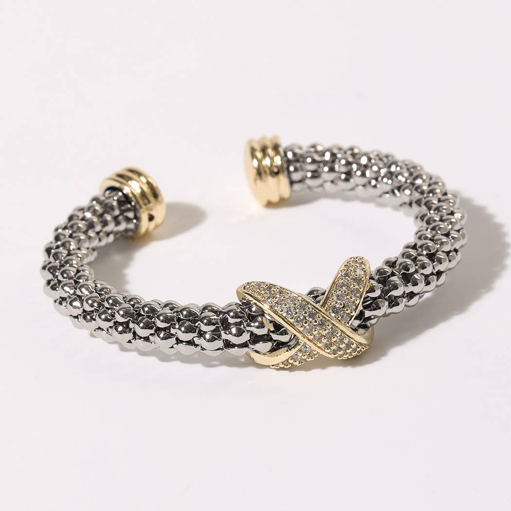 Pave Cross Bar Textured Cuff Bangle Bracelet