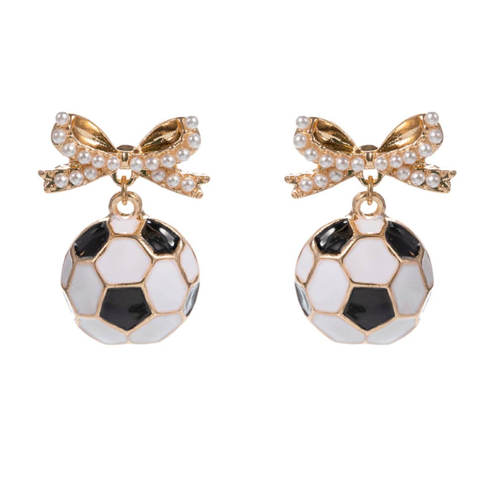 Pearl Bow Soccer Ball Drop Dangle Earrings