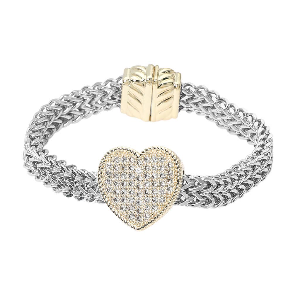 14K Gold Plated Two Tone Pave Heart Centerpiece Mesh Chain Magnetic Bracelet