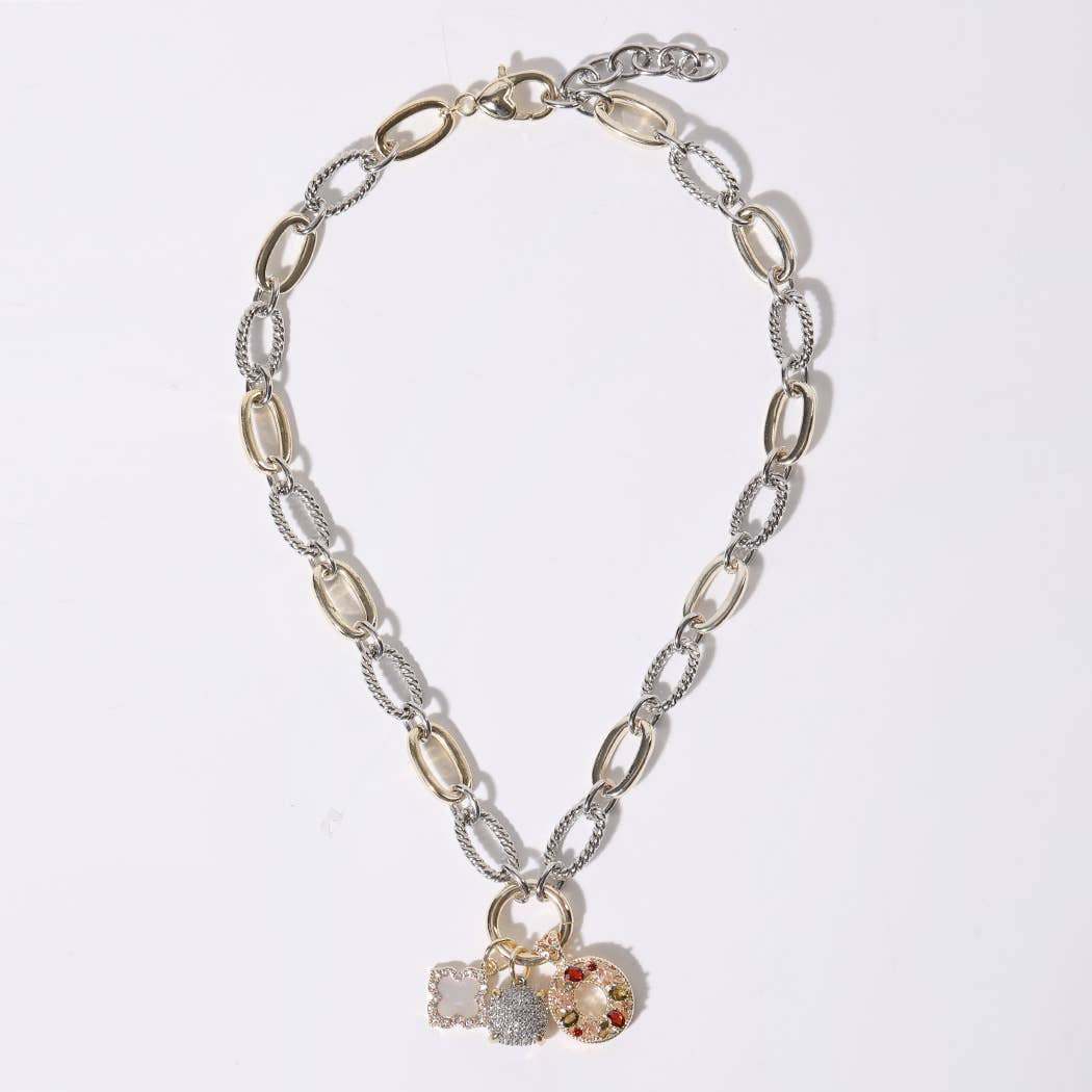 Clover & Oval 3 Multi Pendants Chain Necklace