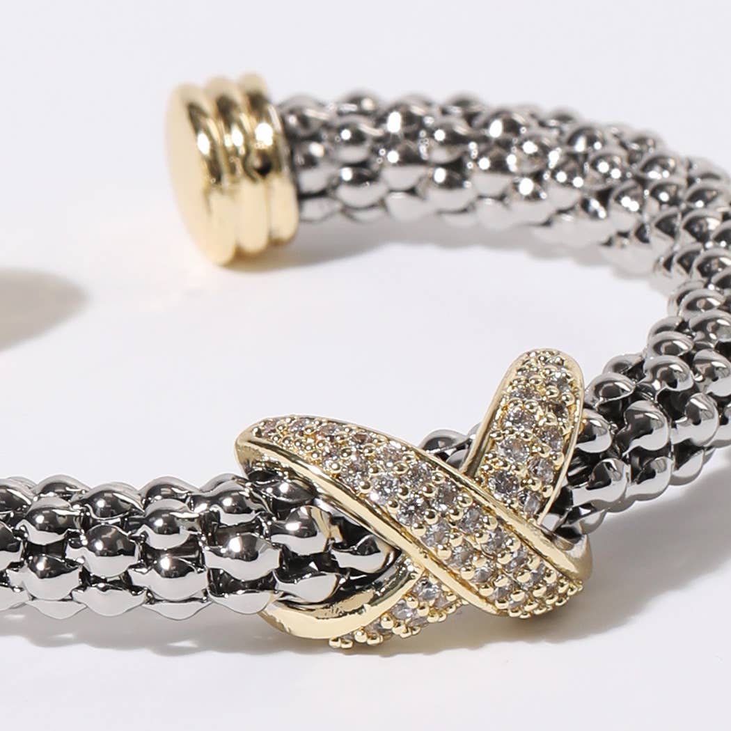 Pave Cross Bar Textured Cuff Bangle Bracelet