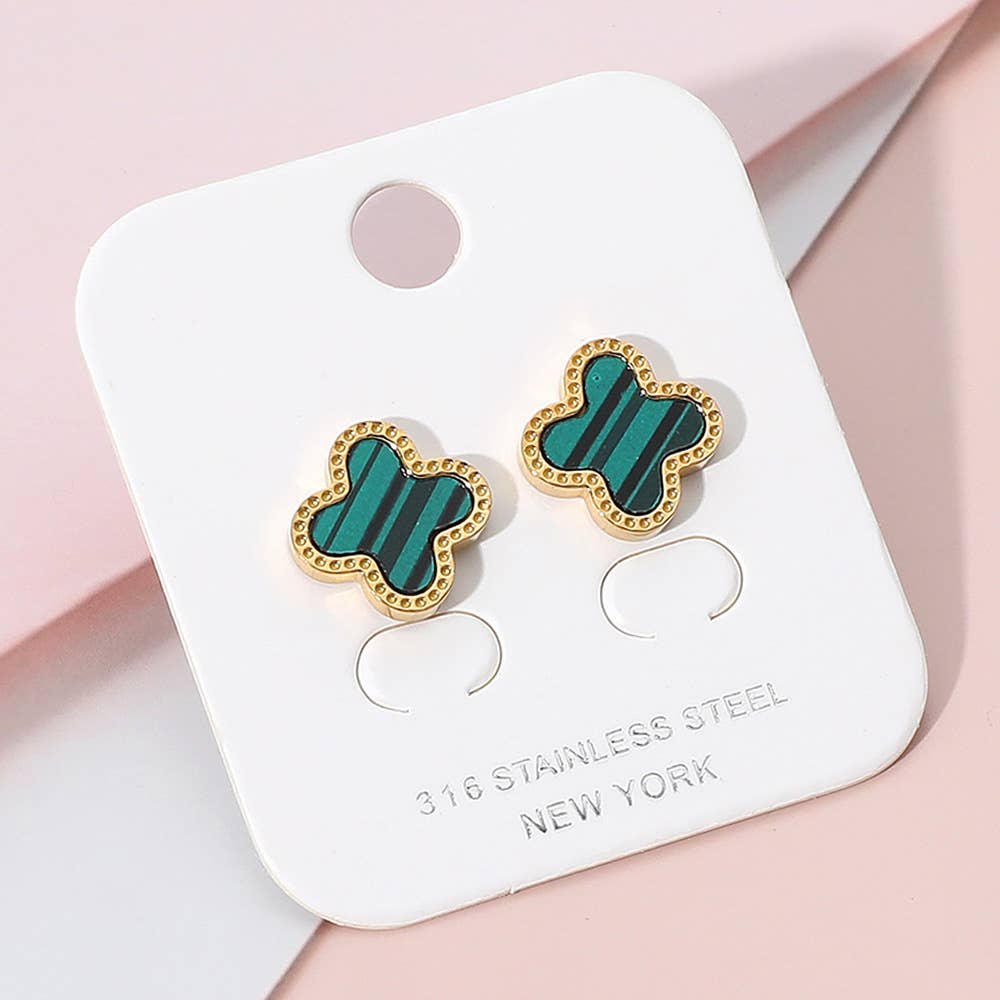 Stainless Steel Quatrefoil Stone Cluster Stud Earrings