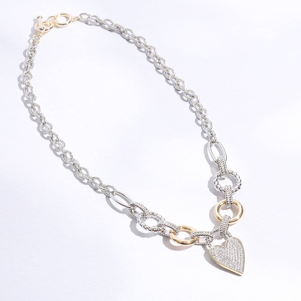 Pave Heart Charm Link Chain Necklace