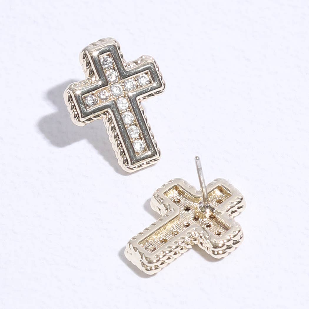 Cross Shape Pave Stone Stud Post Earring