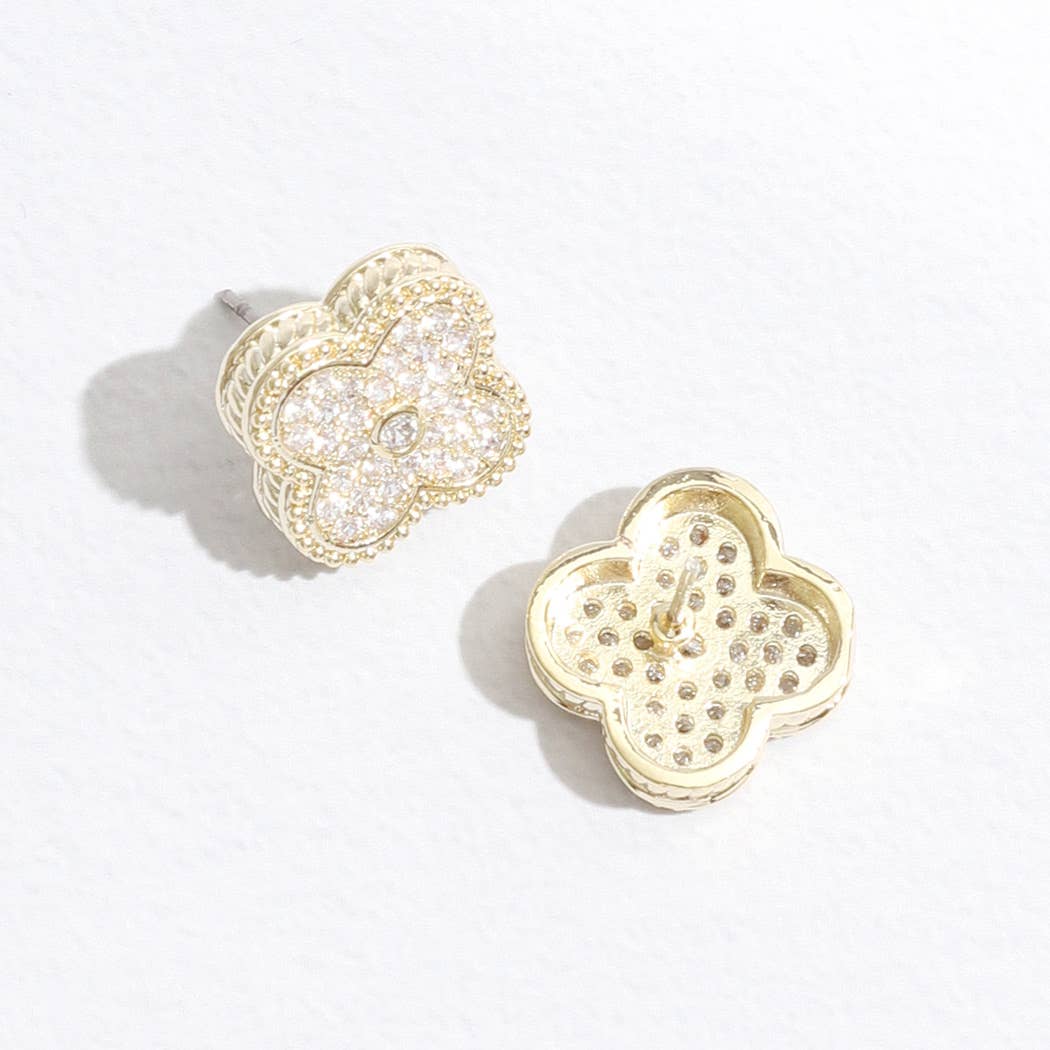 Gold Tone Outline Pave Clover Post Earrings