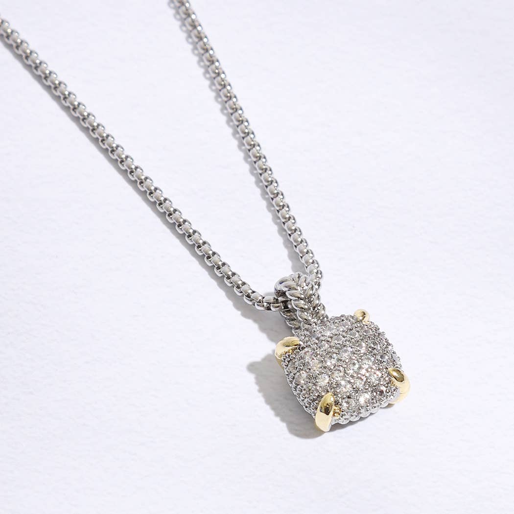 Square Shape Pave CZ Pendant Necklace
