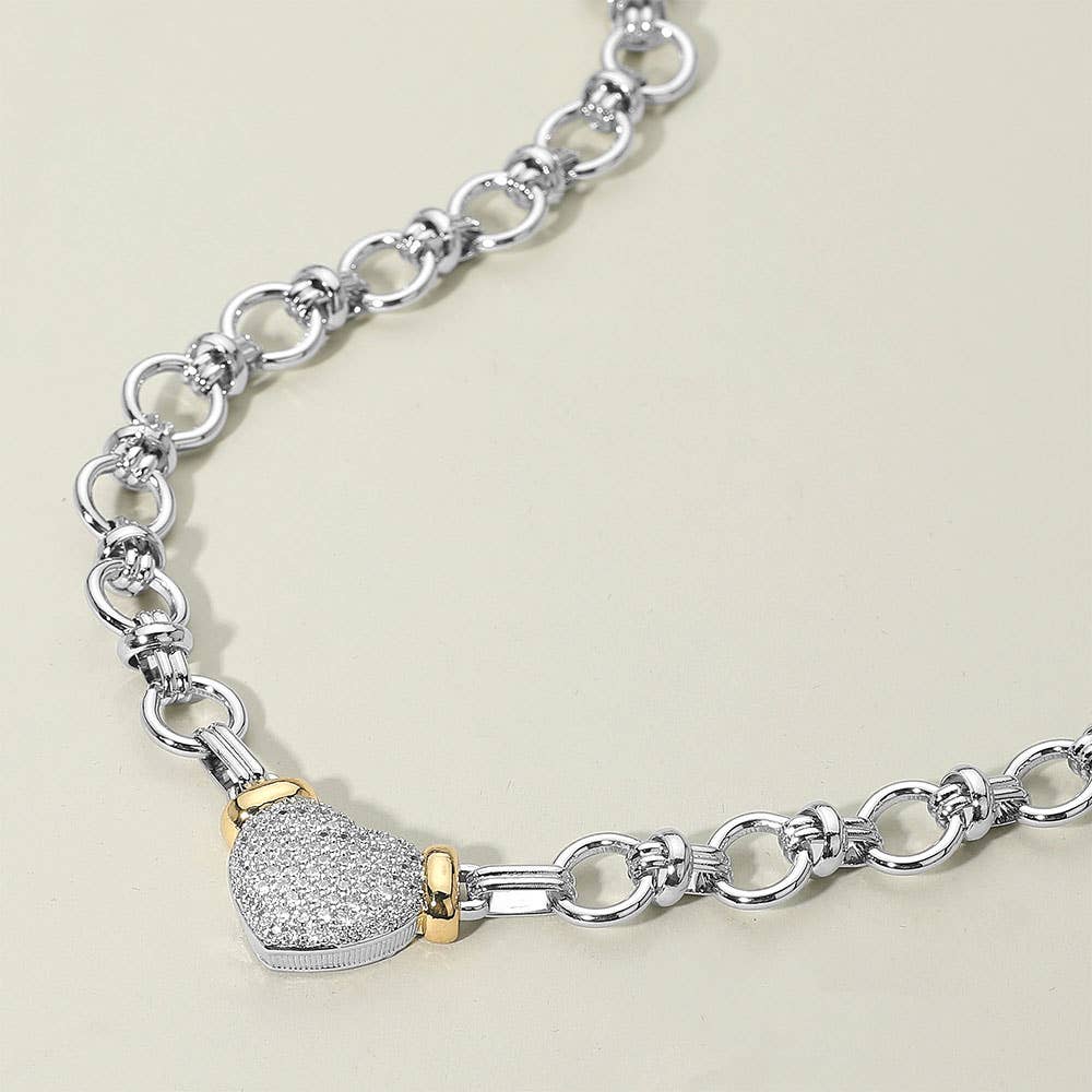 14K Gold Plated Two Tone Stone Paved Heart Pendant Accent Chunky Chain Link Necklace