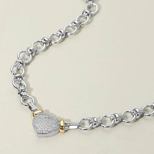 14K Gold Plated Two Tone Stone Paved Heart Pendant Accent Chunky Chain Link Necklace
