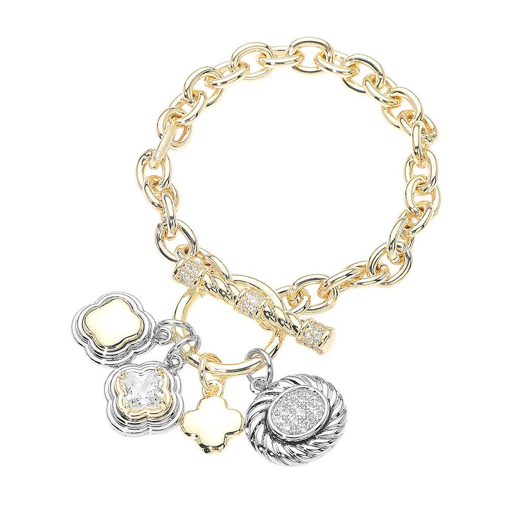 14K Gold Plated Two Tone Quatrefoil Oval Multi Charm Toggle Bracelet
