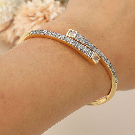 Stainless Steel Square Stone Tip Rhinestone Pave Hinged Bangle Bracelet