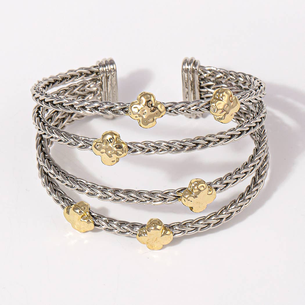 4 Layered Two-Tone Clover Braided Cuff Bracelet