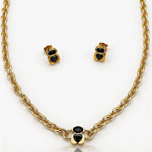 Midnight Heart Gold Necklace & Stud Earrings Set