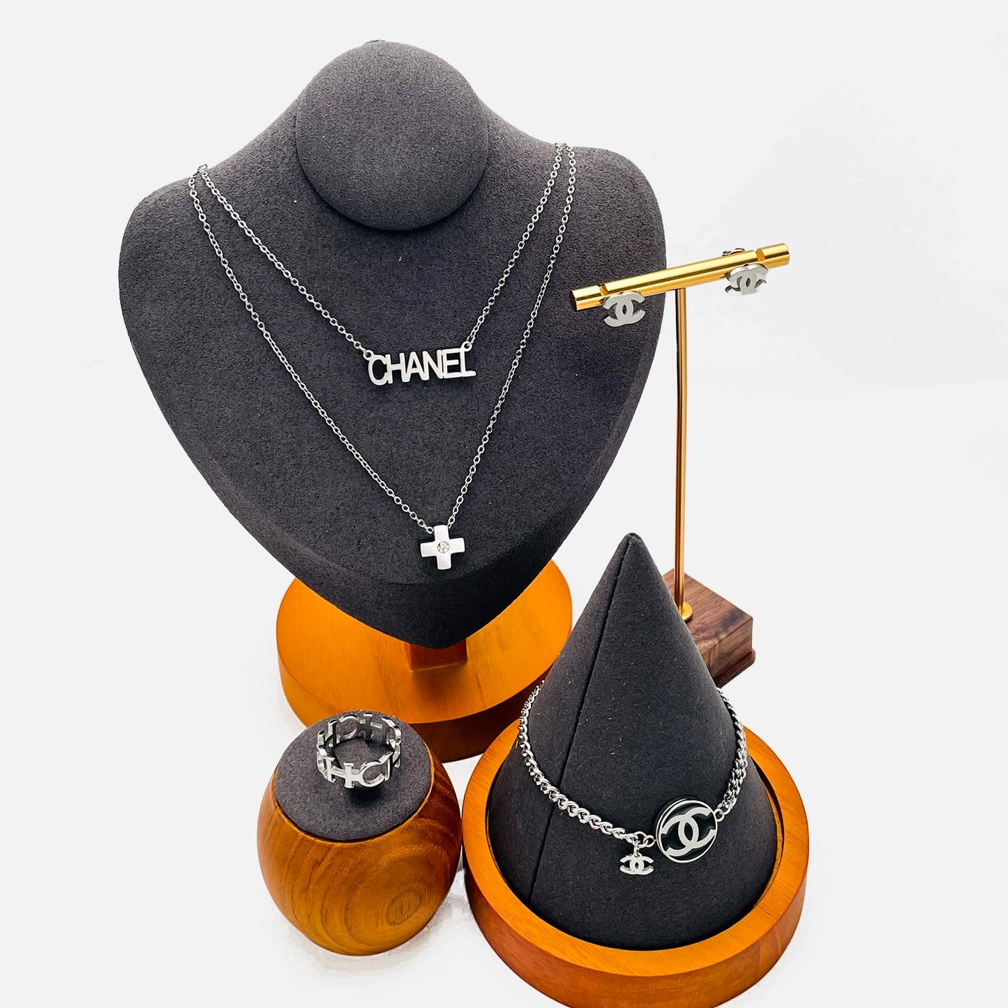 Silver Logo‑Motif Jewelry Set
