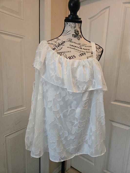 Capsule White One-Shoulder Floral Textured Blouse – Fits Like Large/XL