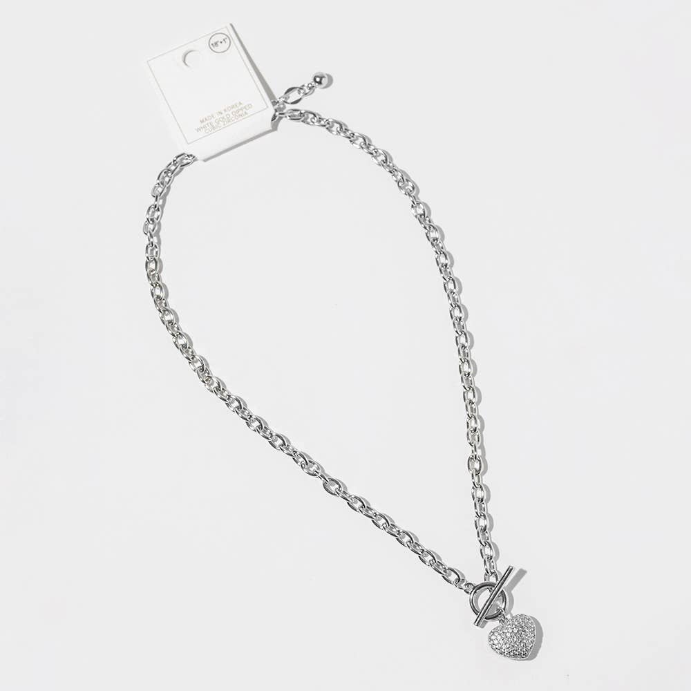 Gold Dipped Chunky Chain CZ Stone Paved Puff Heart Toggle Pendant Necklace